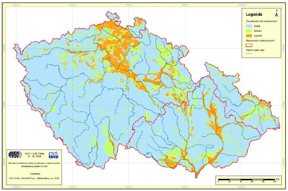 Obr. I.2.1 - Mapa obecné zranitelnosti horninového prostředí vůči dusičnanům