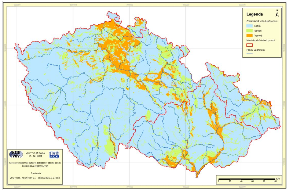 Obr. 2.1 - Mapa obecné zranitelnosti horninového prostředí vůči dusičnanům