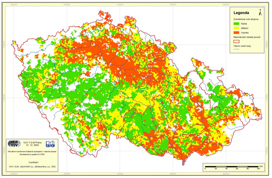 Obr. 2.3 - Mapa zranitelnosti půdy a horninového prostředí vůči atrazinu 