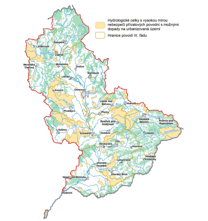 Obr. V.2.3.3. - Hydrologické celky s vysokou mírou ohrožení urbanizovaných ploch přívalovými povodněmi